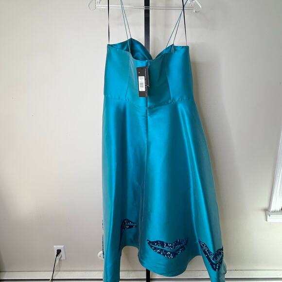 Sachin & Babi Tea length Gown-size 12-teal, metallic sequin lips formal $795 - Picture 8 of 9